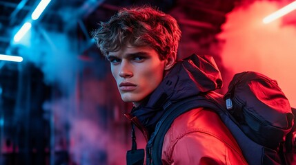 Fototapeta premium Intense Young Man Neon Lights Cyberpunk Portrait