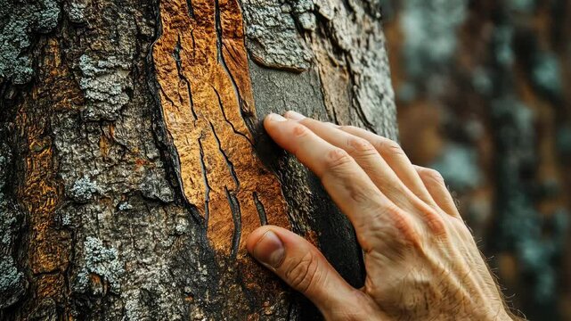Close up of a hand feeling the textured tree bark - symbol of environmental appreciation.