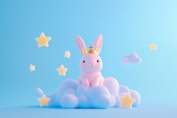 Fototapeta premium Pink bunny wearing a gold crown sits on a fluffy cloud surrounded by stars, a cute 3D render.