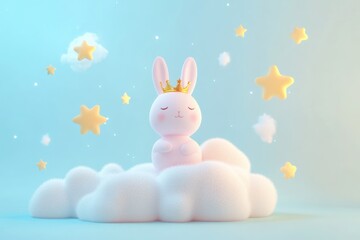 A cute pink bunny wearing a golden crown sits peacefully on a fluffy white cloud amidst pastel stars.