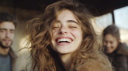 Fototapeta premium Joyful Young Woman Laughing with Friends Happy Friendship Group Portrait