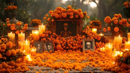 Day of the Dead altar, vibrant flowers, candles, Mexico