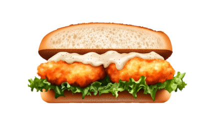 A crispy fish sandwich with tartar sauce and lettuce, isolated on transparent background --ar 16:9