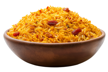 Saudi mandi spiced rice and meat isolated on transparent white background