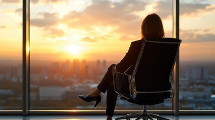 Fototapeta premium Businesswoman Burn out concept. Silhouette of a person watching a sunset from a high-rise window.