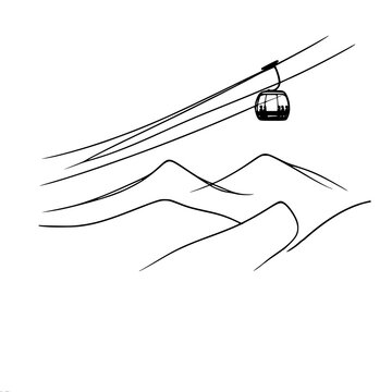 Minimalistic black and white outline vector drawing of a funicular hovering over a mountain landscape. A great choice for illustrating winter recreation and nature