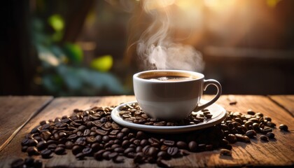 a cup of hot coffee is placed on a wooden table, surrounded by roasted coffee beans, the steam rises from the beverage. The atmosphere is warm and inviting.