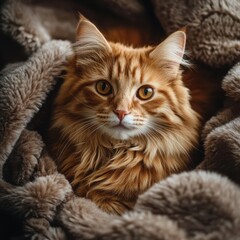 Adorable Orange Cat with Fluffy Fur Posing on Cozy Blanket