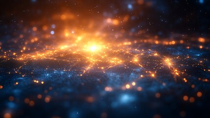 Fototapeta premium Abstract glowing energy field with orange and blue particles.