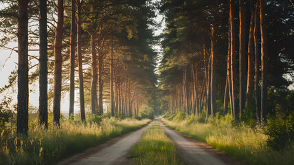 Obraz premium A sunlit path through a forest of tall pine trees, with sunlight filtering through the needles.