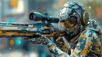 Fototapeta premium Futuristic Female Sniper: Urban Warfare