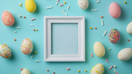Flat lay easter composition with white photo frame, colorful decorated eggs, and festive sprinkles on turquoise background with blank space for text or design mockup.


