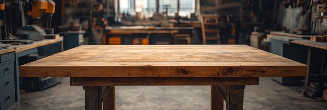 Rustic wooden workshop table in an industrial workspace, sturdy surface for carpentry