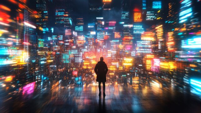 Exploring a vibrant futuristic cityscape filled with dynamic neon lights and animated displays