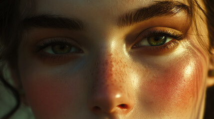 Fototapeta premium Close-up portrait of a person with striking green eyes illuminated by golden sunset light