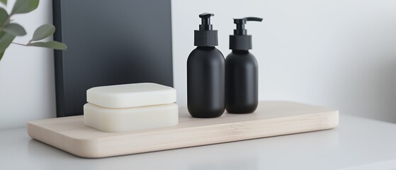 Wooden soap dish with two black bottles on it. the soap dish is rectangular in shape and has a light beige color. the bottles have black pump dispensers on top and are placed on a white surface.