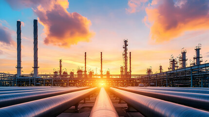 Industrial Refinery Plant With Metal Pipes at Sunset Under Dramatic Cloudscape