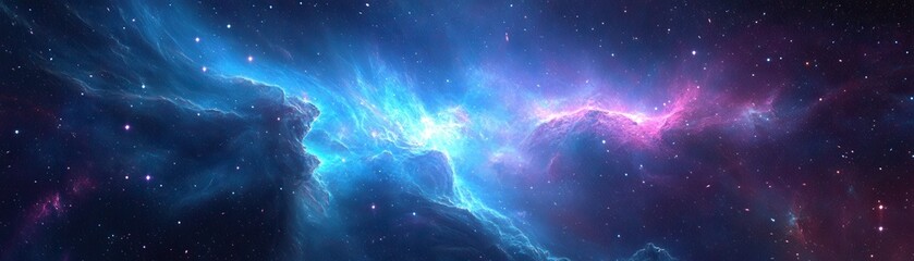 A stunning image of a vibrant blue and purple nebula, filled with swirling clouds of gas and dust, illuminated by countless twinkling stars scattered throughout the cosmic scene.