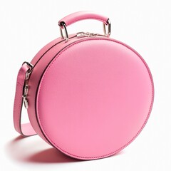 Pink round leather handbag isolated on white background.