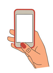 Hands holding mobile phone. Fingers touching, scrolling smartphone screen, using applications. Empty screen, phone mockup. Flat vector illustration isolated