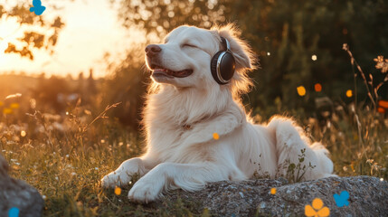 Happy dog enjoying music while relaxing outdoors during sunset in a serene setting filled with flowers and butterflies