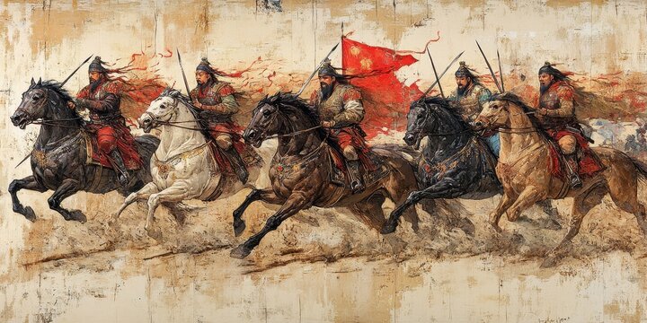 Tatar-Mongols galloping on horseback into battle, wielding sabers, depicted in an ancient painting