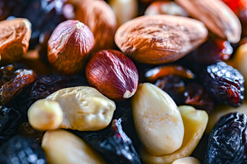 Close-up of mixed nuts and dried fruits