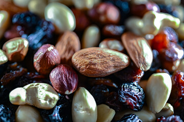 Close-up of mixed nuts and dried fruits