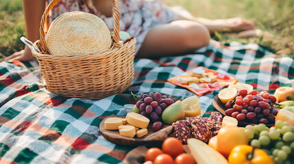 Picnic blanket: Games, vitamin supplements sharing, protecting skin from skincare routine, summer wellness together. 