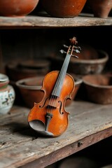 Fototapeta premium Vintage violin on wooden shelf
