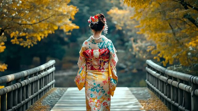 Rear view on a geisha in traditional kimono on a pier