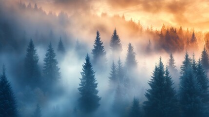 Obraz premium Golden sunrise illuminating misty conifer forest landscape