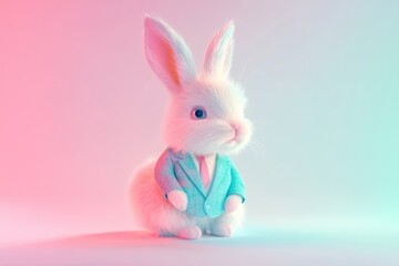 Obraz premium Adorable fluffy white bunny in a teal suit, pastel background.