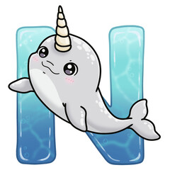 N is for Narwhal, Letter N, Cartoon animal alphabet. © Pagarung
