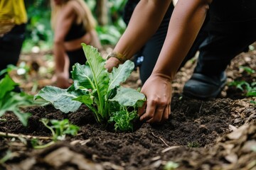 Individuals engaged in planting vegetables in a community garden during a sunny day in a lush green landscape