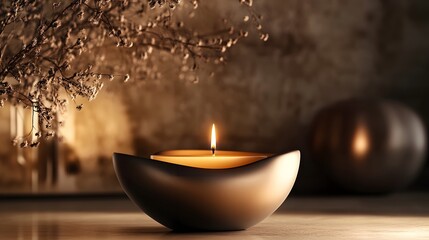 A contemporary candle with a smooth, artistic design in a chic holder, set against a backdrop of elegant decor and rendered in vivid high-definition detail.