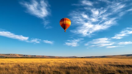 Obraz premium Single hot air balloon soaring over golden field under a vibrant blue sky with wispy clouds.