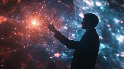 Man interacts with a digital network of glowing nodes