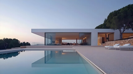 Fototapeta premium Luxury Modern White Villa With Infinity Pool And Ocean View At Dusk In Ibiza