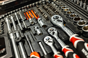 Fototapeta premium Toolkit put up for sale in a hardware store