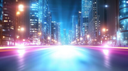 Fototapeta premium Urban Nightscape with Neon Lights, Skyscrapers, and Vibrant City Atmosphere in a Modern Downtown Setting