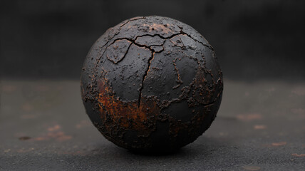 The image shows a rusted metal ball sitting on top of a black surface