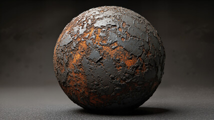 The image shows a rusted metal sphere on a black background. The sphere is round in shape and appears to be made of iron