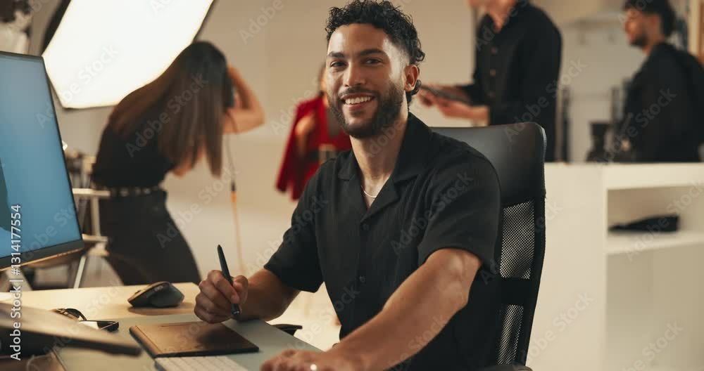 Poster Man, face and photography editor in studio for checking image design and creative magazine. Backstage, smile or happy person on computer for production in technology and digital photoshoot in agency