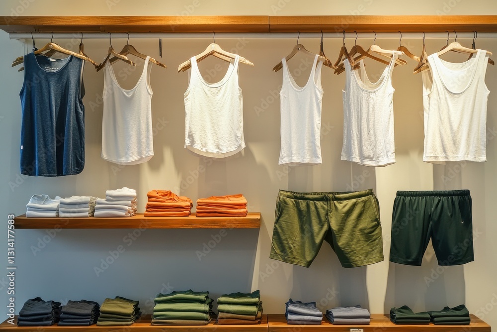 Poster display of various tank tops and shorts in a modern retail store during daytime