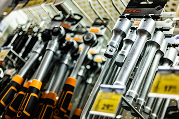 Tools put up for sale in a hardware store