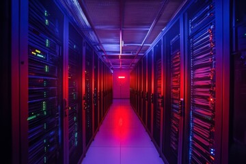 Fototapeta premium Server room corridor with networking hardware for data storage and processing. Data center infrastructure for cloud computing. Network for website hosting concept