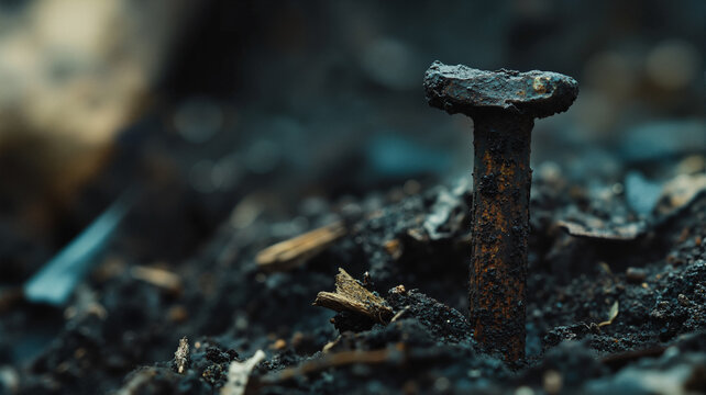 The image shows a rusty nail sitting atop a pile of dirt