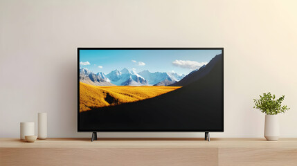 Modern Minimalist Living Room With Large Flat Screen Television Displaying Scenic Mountain Landscape On Wooden Stand With Plants Vases And Natural