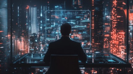 Obraz premium Futuristic Cityscape: A Nighttime View from a Technologically Advanced Office